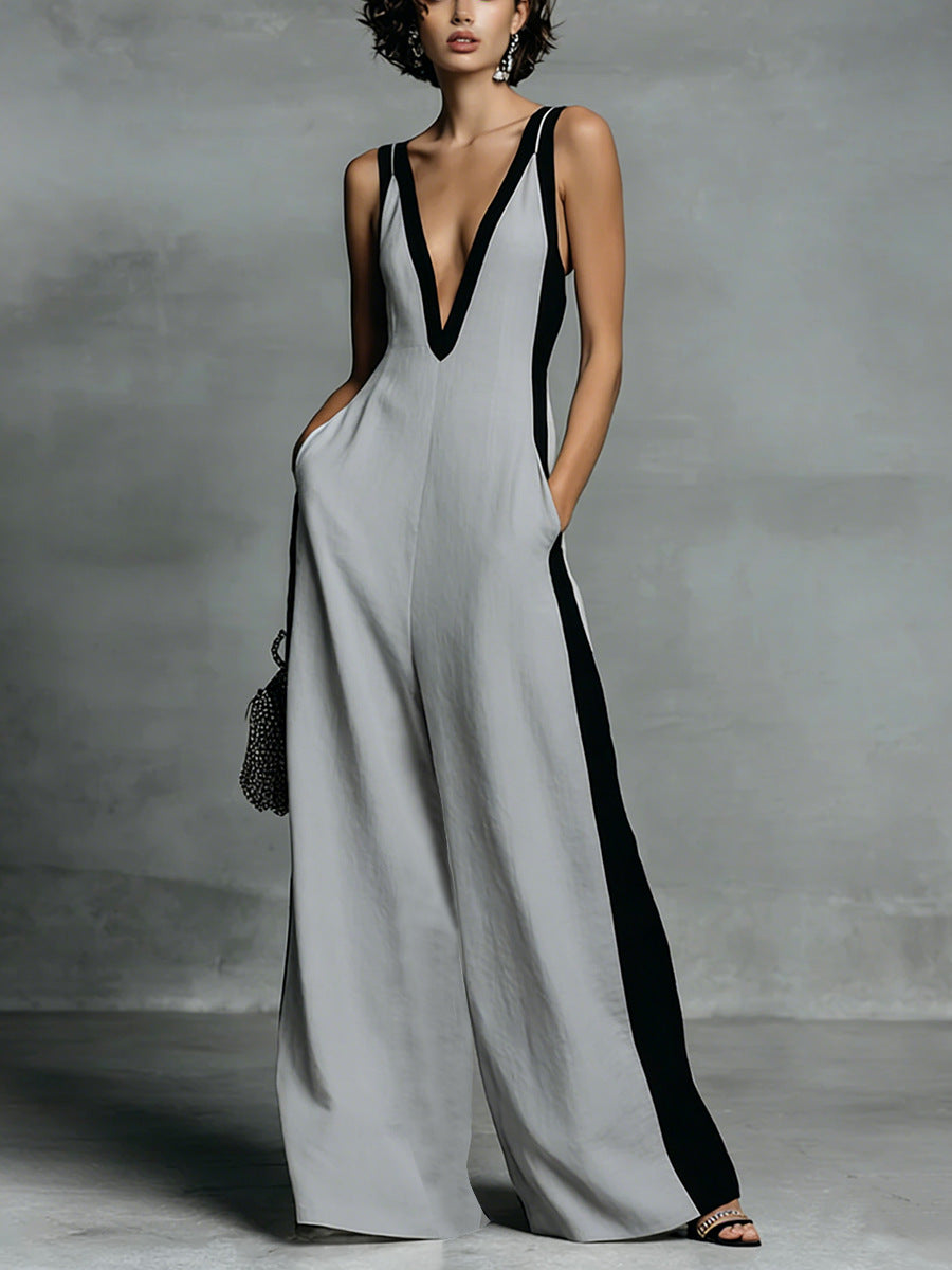 Fashion Color-block Sleeveless V-neck Wide-leg Jumpsuit for Women 