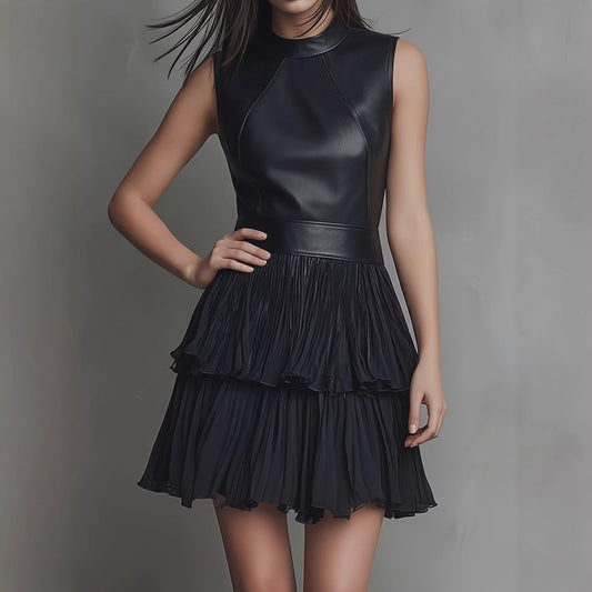 New short dress, sexy sleeveless PU leather spliced dress, elegant double-layer pleated ruffle hem skirt 