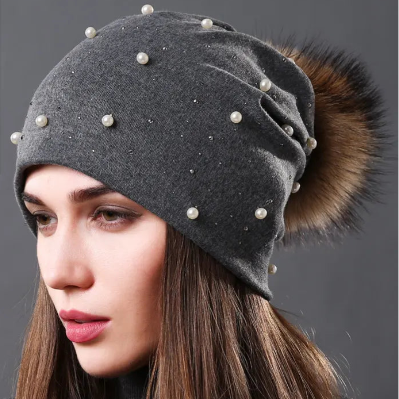 CNTANG 2024 Women's Fashion Hat Autumn Winter Rhinestones Pearl Hats Female Beanies Natural Raccoon Fur Pompom Cotton Warm Caps 
