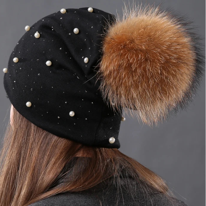 CNTANG 2024 Women's Fashion Hat Autumn Winter Rhinestones Pearl Hats Female Beanies Natural Raccoon Fur Pompom Cotton Warm Caps 