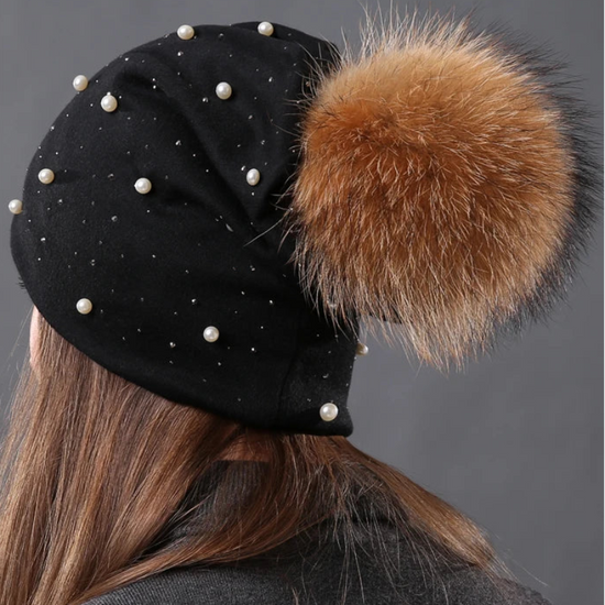 CNTANG 2024 Women's Fashion Hat Autumn Winter Rhinestones Pearl Hats Female Beanies Natural Raccoon Fur Pompom Cotton Warm Caps 