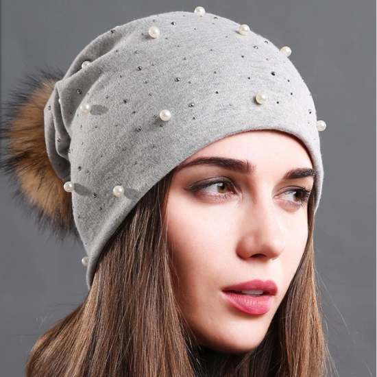 CNTANG 2024 Women's Fashion Hat Autumn Winter Rhinestones Pearl Hats Female Beanies Natural Raccoon Fur Pompom Cotton Warm Caps 