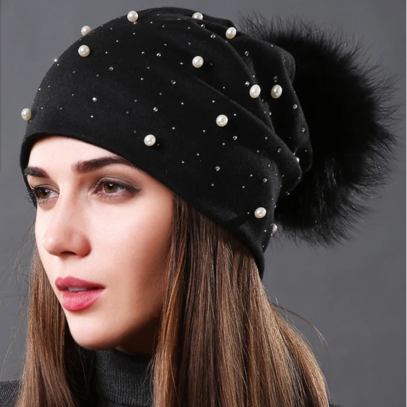CNTANG 2024 Women's Fashion Hat Autumn Winter Rhinestones Pearl Hats Female Beanies Natural Raccoon Fur Pompom Cotton Warm Caps 