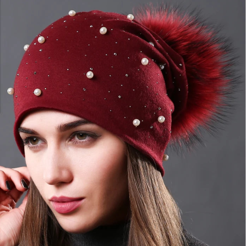 CNTANG 2024 Women's Fashion Hat Autumn Winter Rhinestones Pearl Hats Female Beanies Natural Raccoon Fur Pompom Cotton Warm Caps 