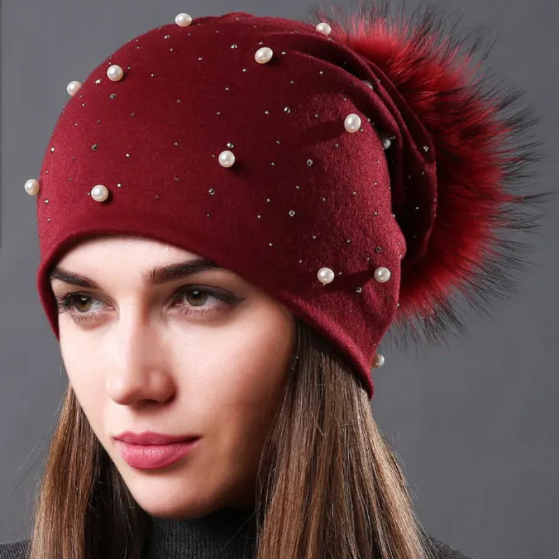 CNTANG 2024 Women's Fashion Hat Autumn Winter Rhinestones Pearl Hats Female Beanies Natural Raccoon Fur Pompom Cotton Warm Caps 