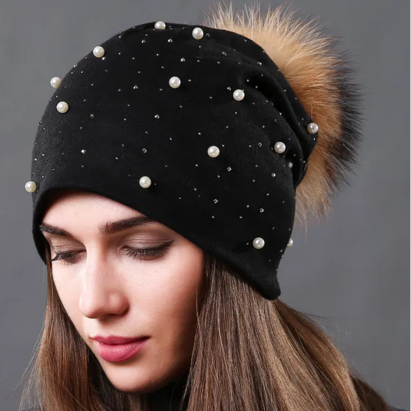 CNTANG 2024 Women's Fashion Hat Autumn Winter Rhinestones Pearl Hats Female Beanies Natural Raccoon Fur Pompom Cotton Warm Caps 