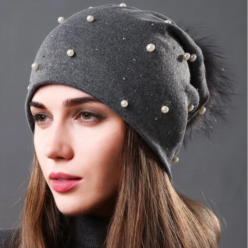CNTANG 2024 Women's Fashion Hat Autumn Winter Rhinestones Pearl Hats Female Beanies Natural Raccoon Fur Pompom Cotton Warm Caps 