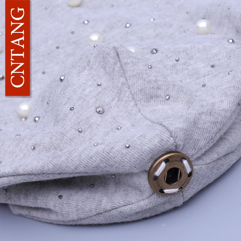 CNTANG 2024 Women's Fashion Hat Autumn Winter Rhinestones Pearl Hats Female Beanies Natural Raccoon Fur Pompom Cotton Warm Caps 