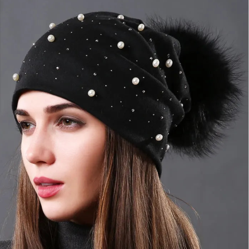CNTANG 2024 Women's Fashion Hat Autumn Winter Rhinestones Pearl Hats Female Beanies Natural Raccoon Fur Pompom Cotton Warm Caps 