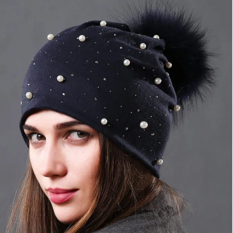 CNTANG 2024 Women's Fashion Hat Autumn Winter Rhinestones Pearl Hats Female Beanies Natural Raccoon Fur Pompom Cotton Warm Caps 