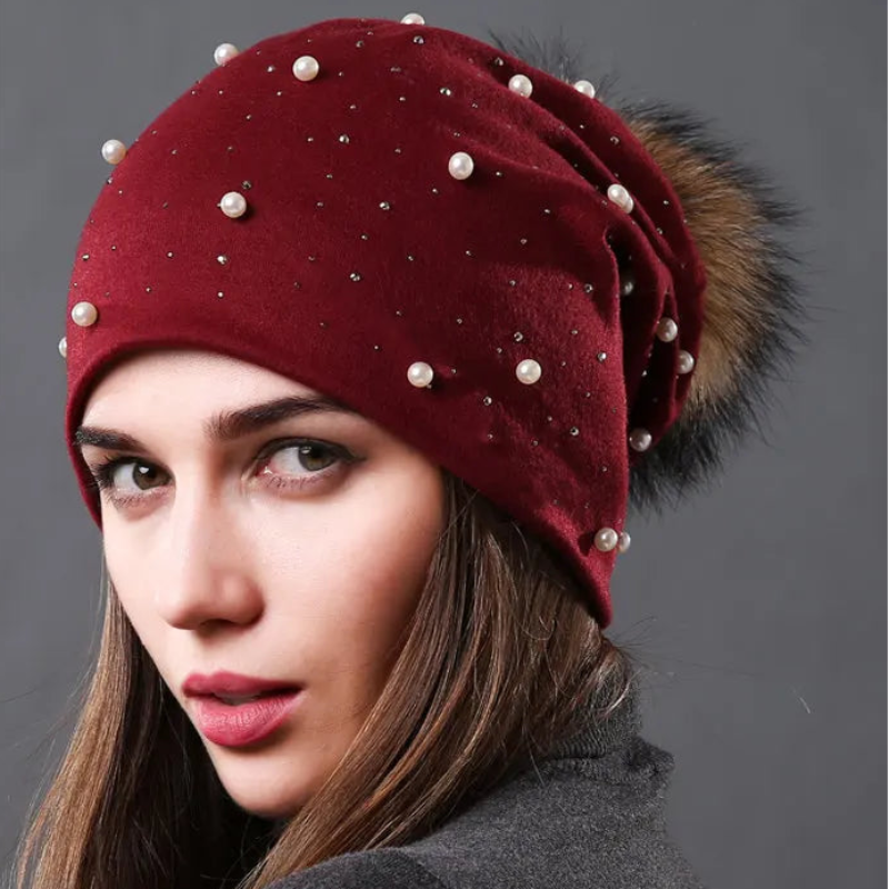 CNTANG 2024 Women's Fashion Hat Autumn Winter Rhinestones Pearl Hats Female Beanies Natural Raccoon Fur Pompom Cotton Warm Caps 