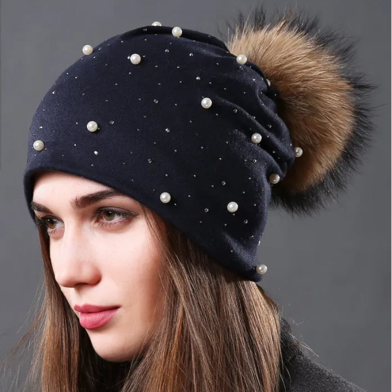 CNTANG 2024 Women's Fashion Hat Autumn Winter Rhinestones Pearl Hats Female Beanies Natural Raccoon Fur Pompom Cotton Warm Caps 