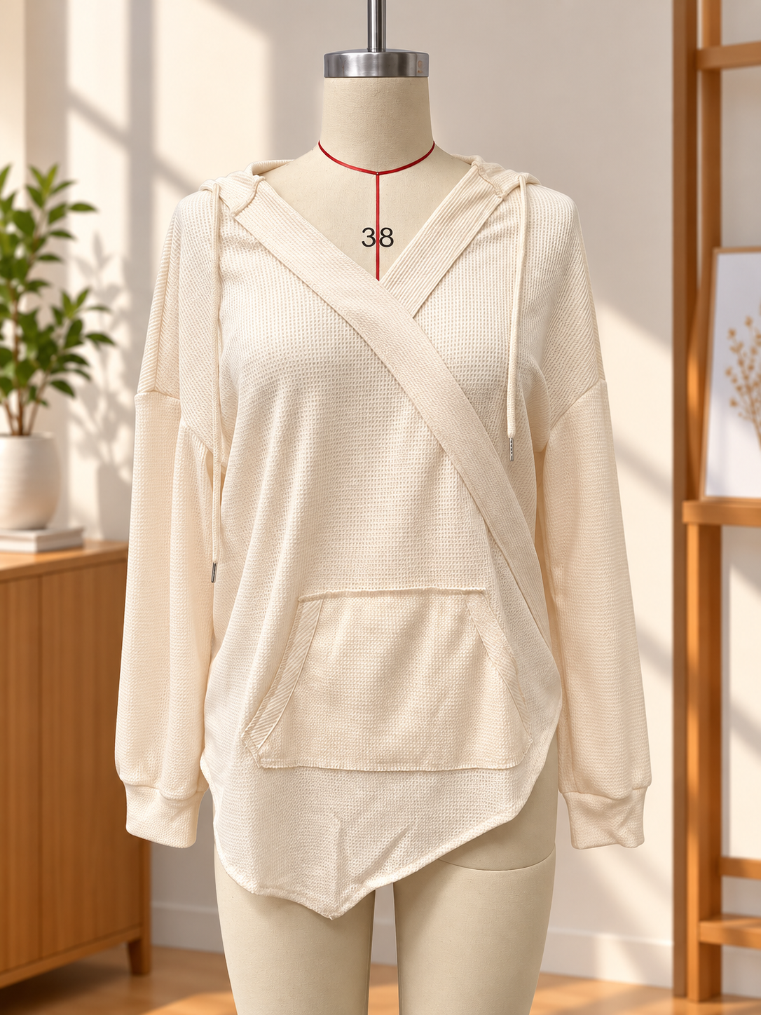 Women's Crossover-Neck Knit Hoodie with Pouch Pocket 