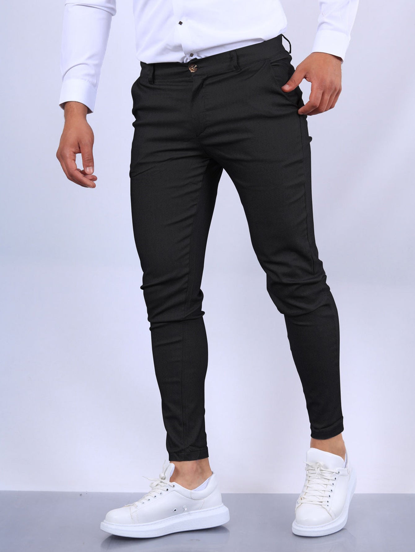 Men's Slim Button Trousers Fashion Solid Office Versatile Long Pencil Pants FitiqueFit
