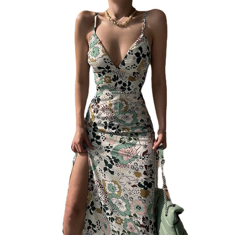 Women's Printed Backless Slit Sling Dress CJ