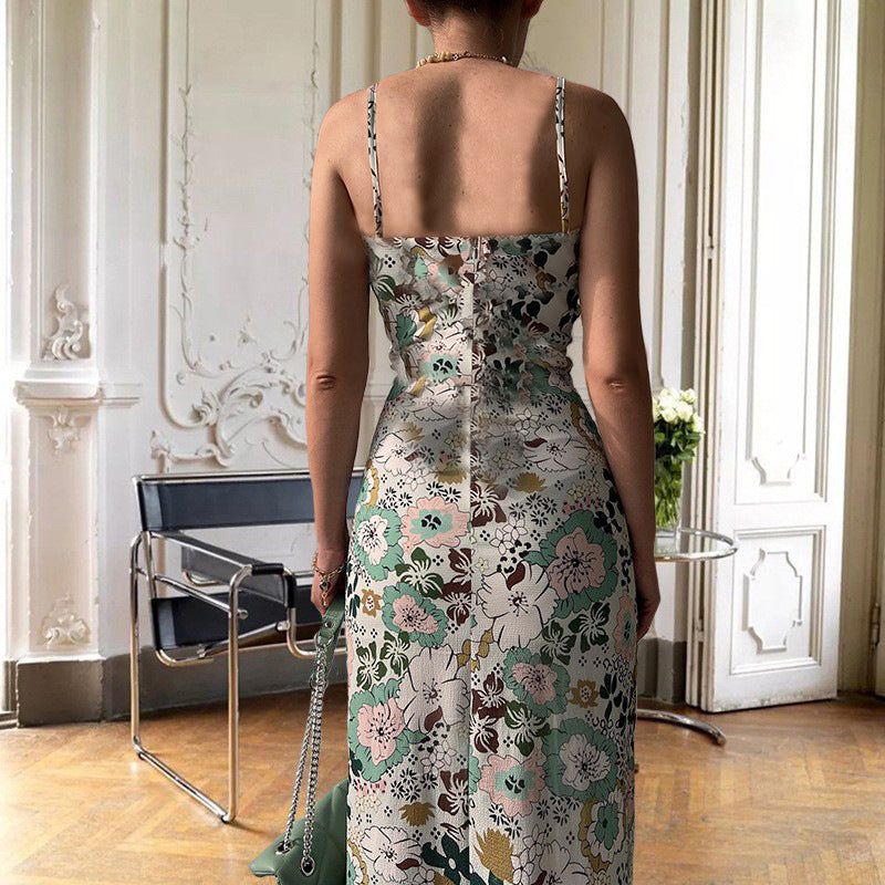 Women's Printed Backless Slit Sling Dress CJ
