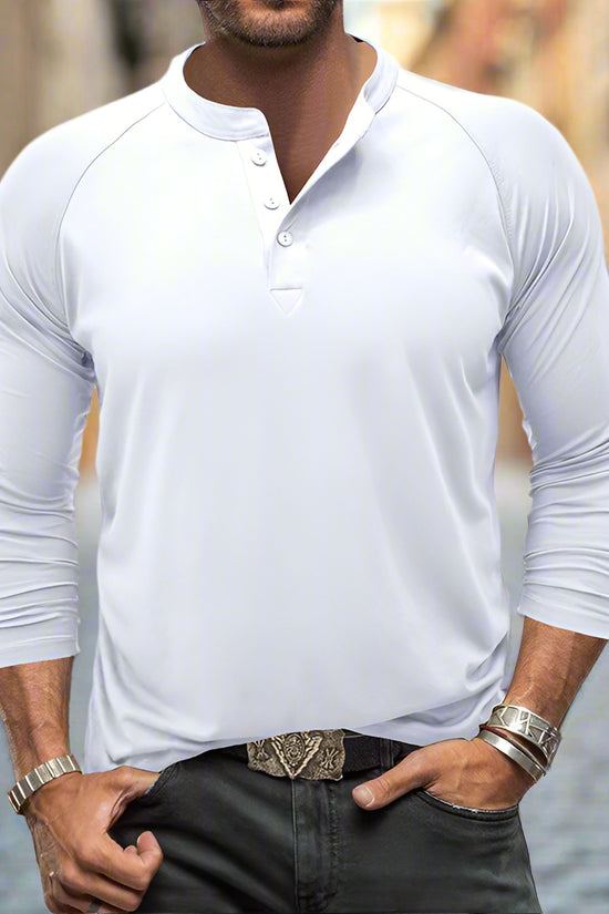 Mens Round Neck Henry Solid Color Long Sleeve T shirt