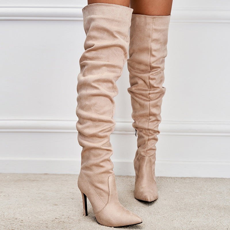 European And American Pointed Toe Suede High Zipper Stiletto Heel Boots CJ