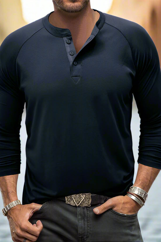 Mens Round Neck Henry Solid Color Long Sleeve T shirt