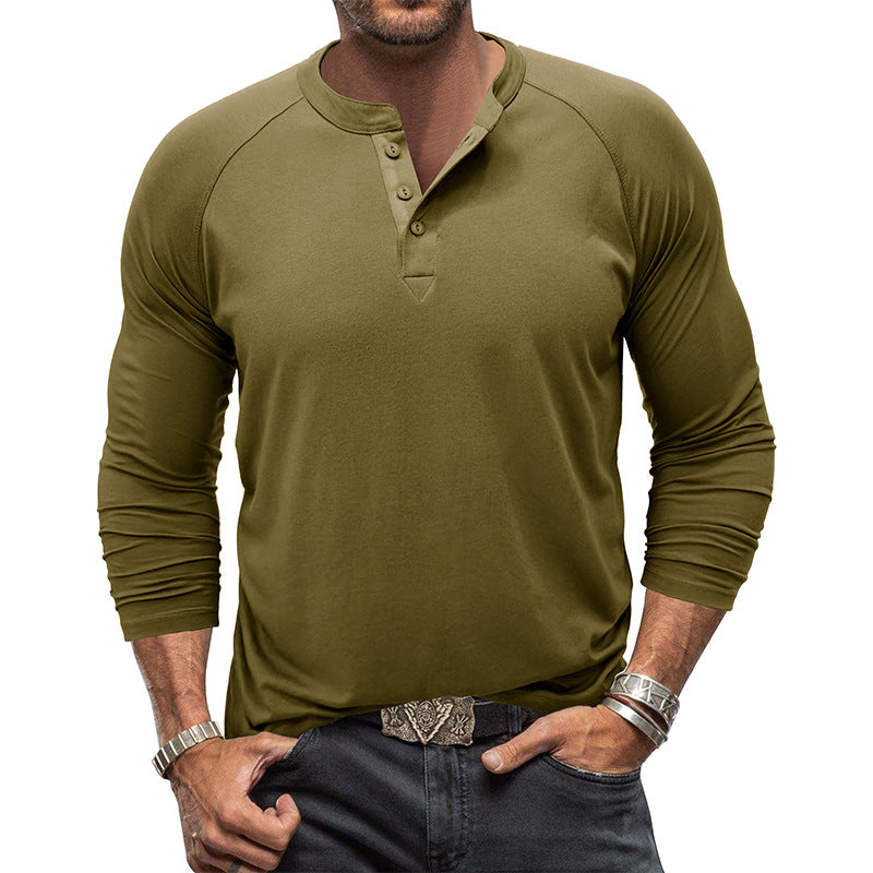 Mens Round Neck Henry Solid Color Long Sleeve T shirt
