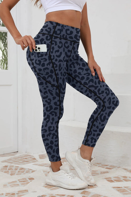 Printed women's high waistband pocket fitness pants paired with tight abdominal yoga pants, suitable for running, hiking, and sp 