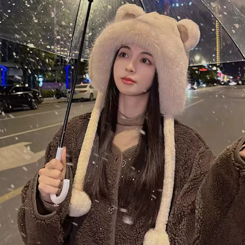 Cute Furry Fox Fur Bear Ear Hat Looks Small Two-piece Hood Scarf Set Autumn And Winter Cycling Warm And Versatile Ear Protection 