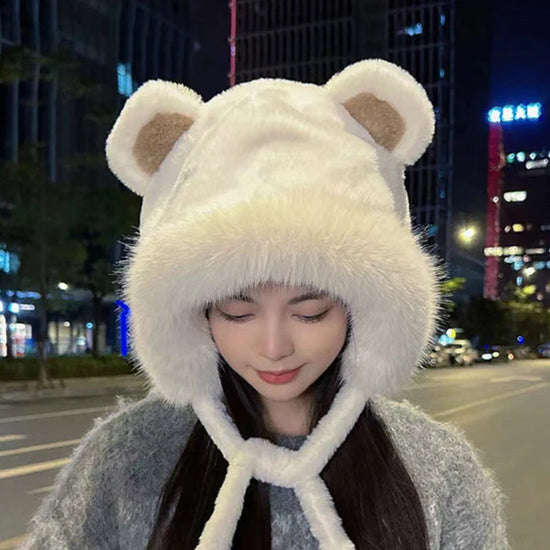 Cute Furry Fox Fur Bear Ear Hat Looks Small Two-piece Hood Scarf Set Autumn And Winter Cycling Warm And Versatile Ear Protection 