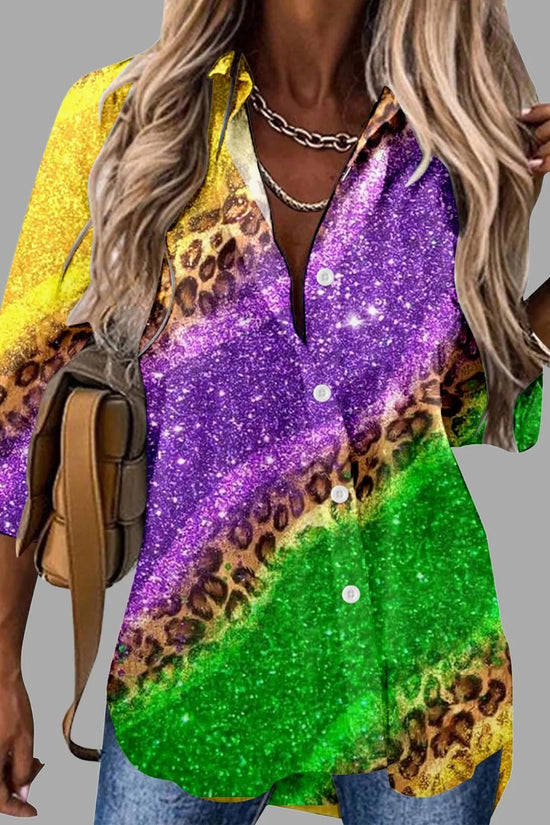 🎭 Mardi Gras Women's V-Neck Long Sleeve Carnival Print Shirt FitiqueFit
