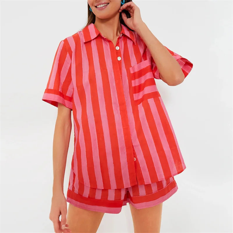 Lamuusaa 2 Piece Set Women Summer Clothes Striped Lapel Collar Single Breasted Shirt Tops and Shorts 2000s Clothing Streetwear FitiqueFit