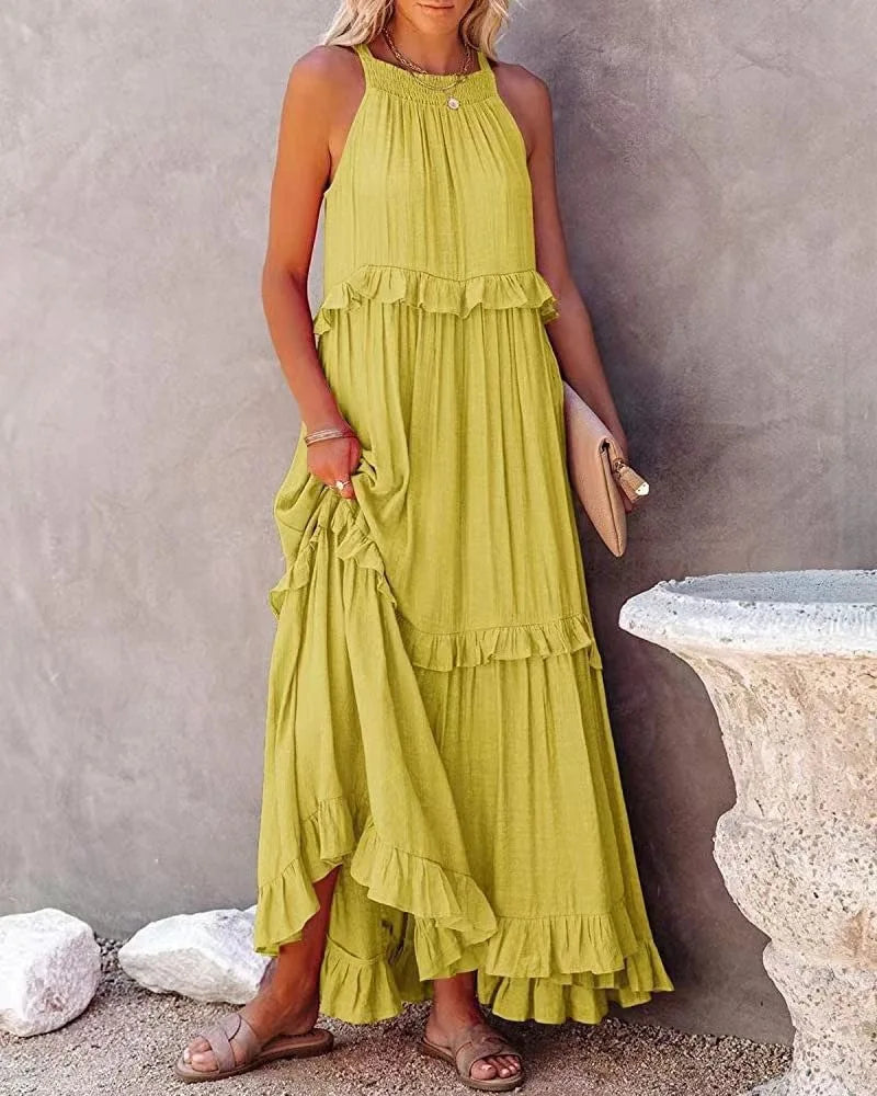 Elegant Women's Apricot Ruffle Edge Long Mop Floor Dresses Summer Fashion Hanging Neck Sleeveless Lace Cake Dress vestiods S-3XL FitiqueFit