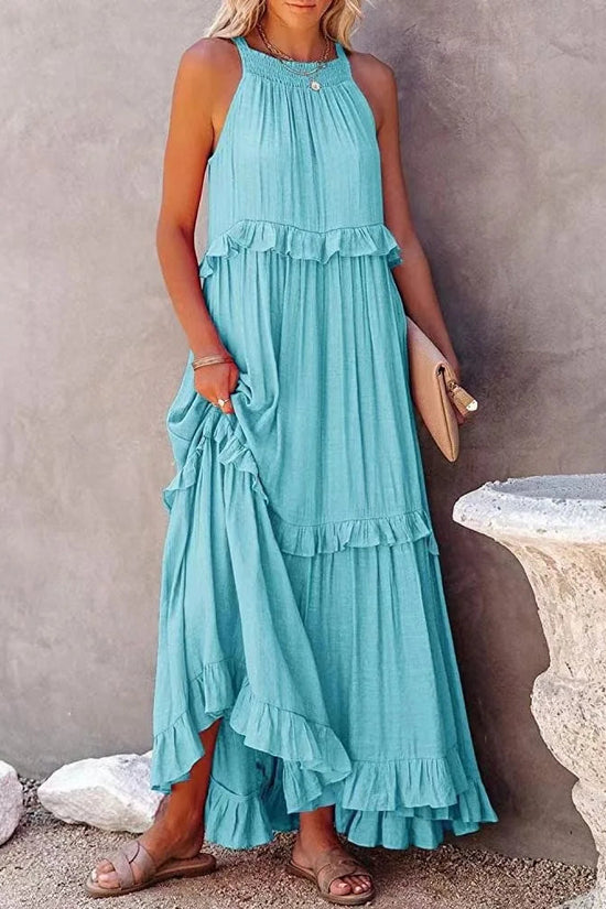 Elegant Women's Apricot Ruffle Edge Long Mop Floor Dresses Summer Fashion Hanging Neck Sleeveless Lace Cake Dress vestiods S-3XL FitiqueFit