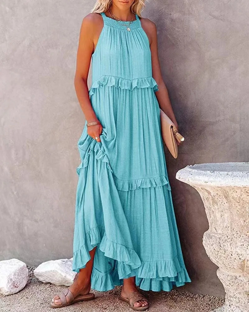Elegant Women's Apricot Ruffle Edge Long Mop Floor Dresses Summer Fashion Hanging Neck Sleeveless Lace Cake Dress vestiods S-3XL FitiqueFit