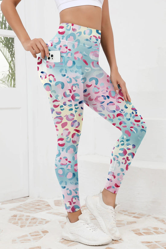 Printed women's high waistband pocket fitness pants paired with tight abdominal yoga pants, suitable for running, hiking, and sp 