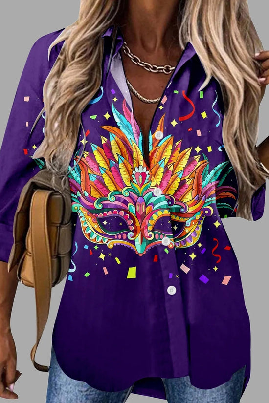 🎭 Mardi Gras Women's V-Neck Long Sleeve Carnival Print Shirt FitiqueFit