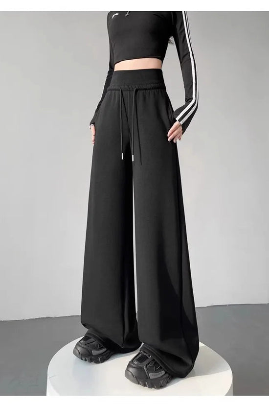 Women's gray sports high waist hanging loose slimming straight leg wide leg pants American sweatpants. 