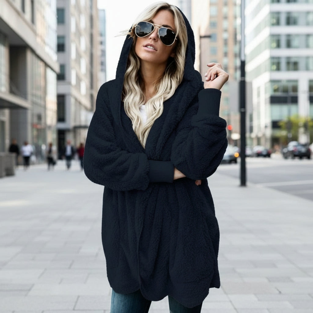 Autumn Winter Double Fleece Cardigan Jacket Women Solid Color Long Sleeve Plush Warm Hooded Lady Jacket Oversized Outerwear Coat 