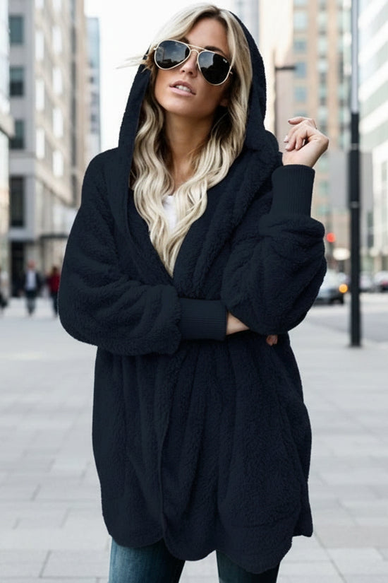 Autumn Winter Double Fleece Cardigan Jacket Women Solid Color Long Sleeve Plush Warm Hooded Lady Jacket Oversized Outerwear Coat 