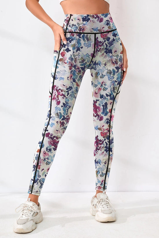 Printed women's high waistband pocket fitness pants paired with tight abdominal yoga pants, suitable for running, hiking, and sp 