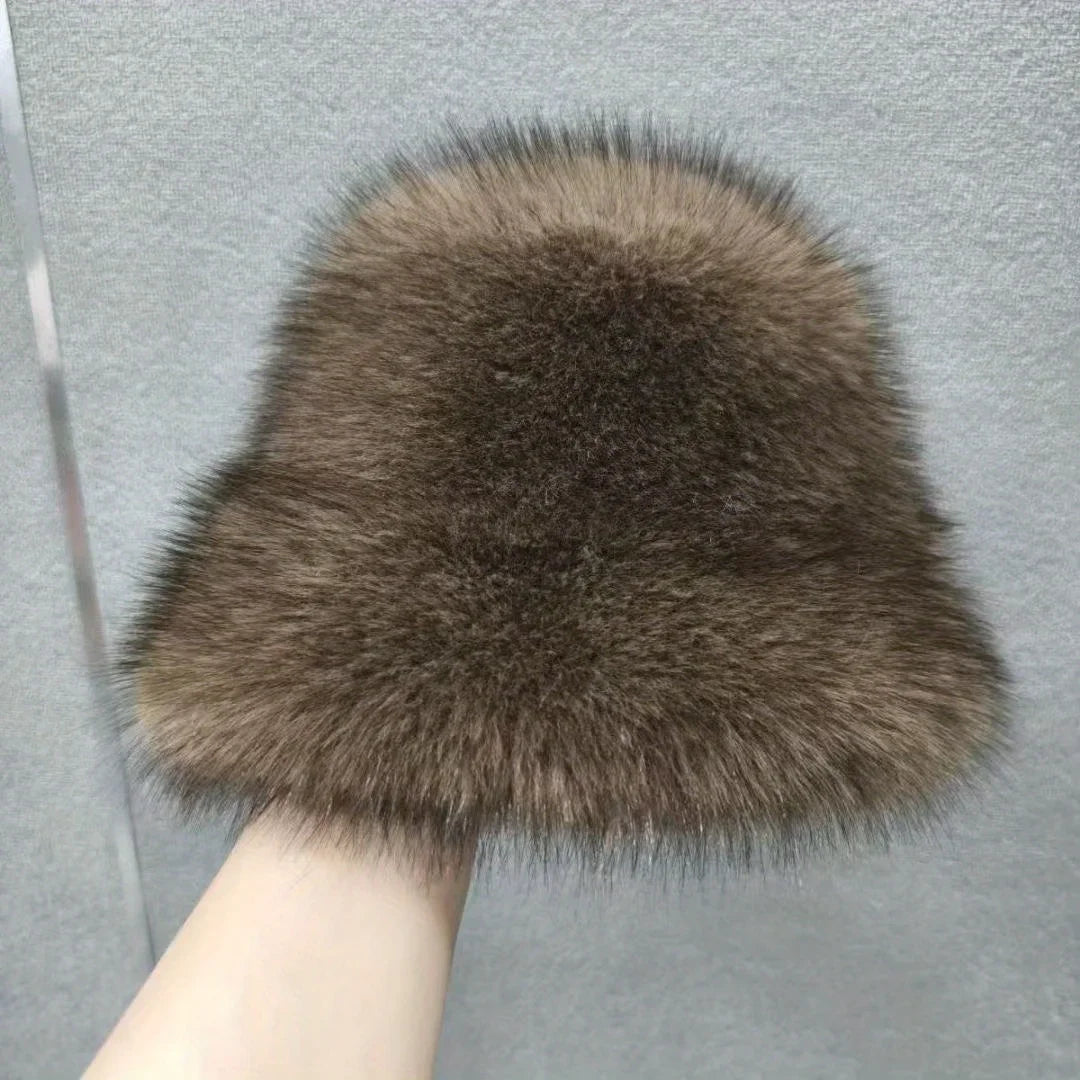 1Pc Ladies' Winter Thick and Warm Imitation Fox Fur Dome Fisherman Hat, Plush Ear Protection, Looks Small on The Face 
