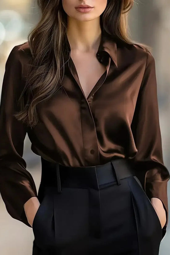 2025 Spring and Autumn Women's Lapel Shirt Brown Button Cardigan Top Black Elegant Fashion Office Basic Blouses for Female 