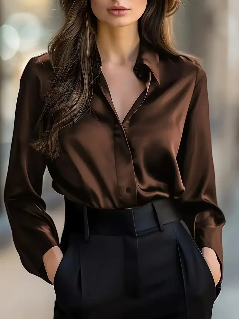 2025 Spring and Autumn Women's Lapel Shirt Brown Button Cardigan Top Black Elegant Fashion Office Basic Blouses for Female 