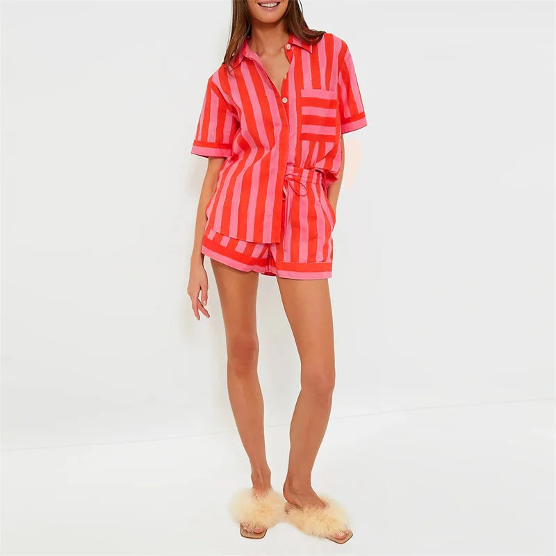 Lamuusaa 2 Piece Set Women Summer Clothes Striped Lapel Collar Single Breasted Shirt Tops and Shorts 2000s Clothing Streetwear FitiqueFit