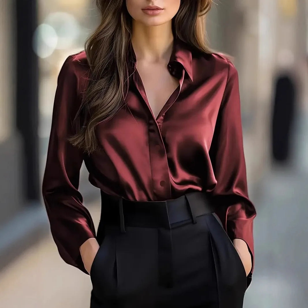 2025 Spring and Autumn Women's Lapel Shirt Brown Button Cardigan Top Black Elegant Fashion Office Basic Blouses for Female 