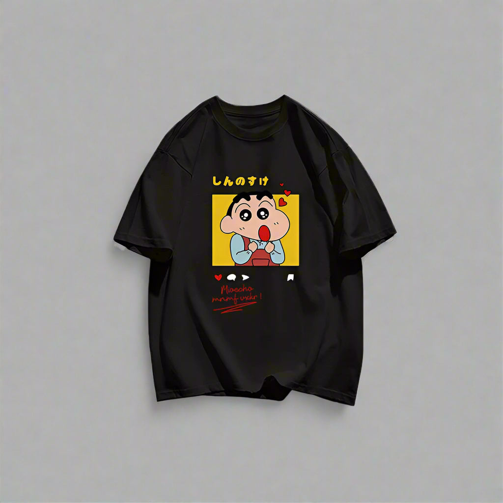 Crayo.n Shin Chan Sees His Beloved Woman Tee Clothing Cotton Fitting T Shirt Anime Shoulder Drop T-Shirt Outdoor Pleasure Tops FitiqueFit