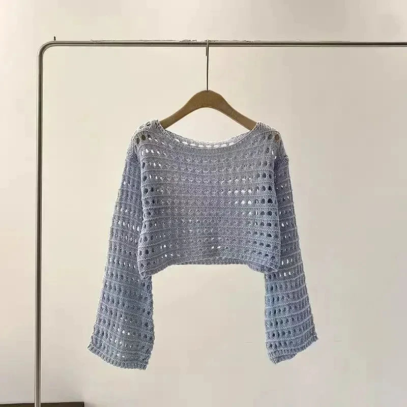 2024 Long Sleeve Crochet Knit Top Summer Beach Bikini Cover Up Crop Pullover Wool Knitwear Blouse Women Vacation Boho Outfit FitiqueFit