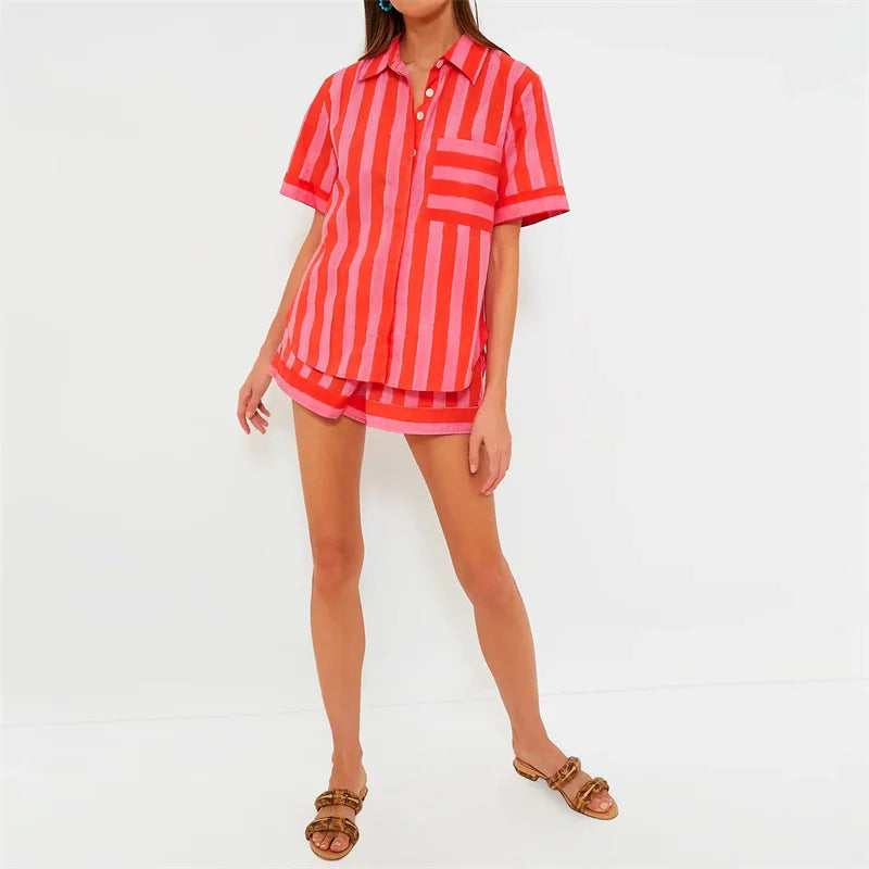 Lamuusaa 2 Piece Set Women Summer Clothes Striped Lapel Collar Single Breasted Shirt Tops and Shorts 2000s Clothing Streetwear FitiqueFit