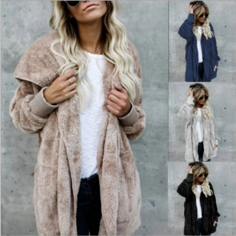 Autumn Winter Double Fleece Cardigan Jacket Women Solid Color Long Sleeve Plush Warm Hooded Lady Jacket Oversized Outerwear Coat 