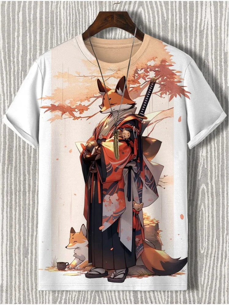 Samurai Cat Graphic T-Shirt – Japanese Style 3D Print Men's Tee FitiqueFit