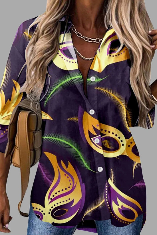 🎭 Mardi Gras Women's V-Neck Long Sleeve Carnival Print Shirt FitiqueFit