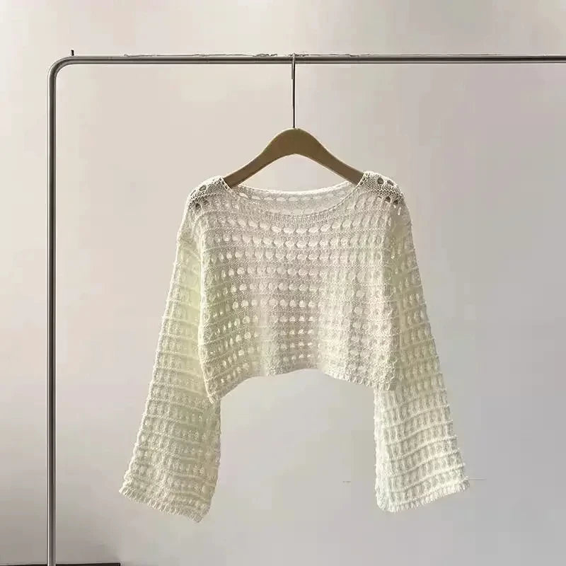 2024 Long Sleeve Crochet Knit Top Summer Beach Bikini Cover Up Crop Pullover Wool Knitwear Blouse Women Vacation Boho Outfit FitiqueFit